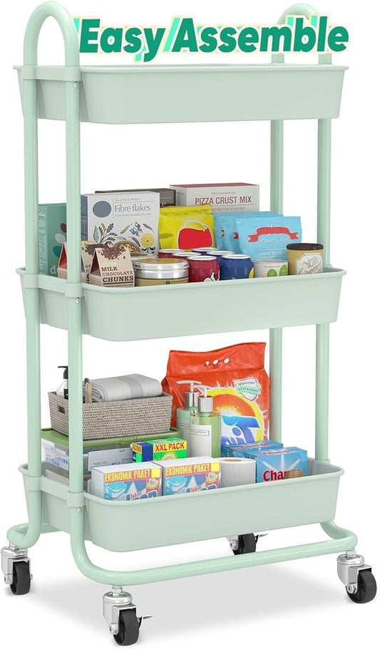 Sekey 3 Tier Rolling Cart Plastic, Easy Install Utility Cart on Wheels, Heavy Duty Storage Cart with Lockable Wheels for Baby Nursery, Bathroom, Kitchen, Laundry Room, Green