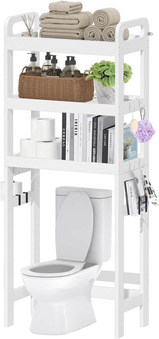 3 Tiers Over The Toilet Storage Shelf, Space Saver Bathroom Organizer Shelves with Toilet Paper Holder and Hooks, Freestanding Toilet Rack for Washroom Balcony (White)