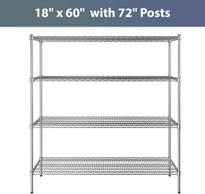 18" x 60" NSF Chrome 4-Shelf Kit with 72" Posts, Commercial Storage Rack Unit, Heavy Duty Storage Shelving, Wire Shelving Kit, Adjustable Rack Strong Steel, Multipurpose Wire Shelf
