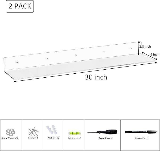 30 Inches Clear Long Floating Shelves for Wall, Acrylic Wall Shelf for Plants, Radio, Funko Pop, Books, Picture Frame, Clock, Cosmetics, Toiletries, 2 Pack(30 Inch)-NeatNest
