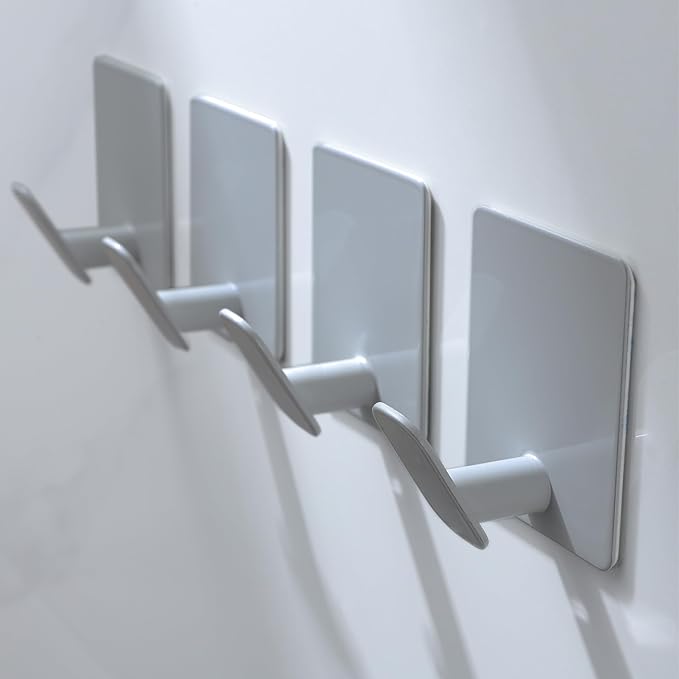 DELITON Stick On Wall Hooks 4 Packs, Towel Hanger for Bathroom Kitchen, No Damage, Stainless Steel, Heavy Duty, Light Gray-NeatNest