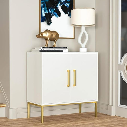 JOZZBY Buffet Sideboard Cabinet with Storage, Modern Wooden Cabinet with Adjustable Shelves, White and Gold Cabinets for Living Room, Kitchen, Hallway