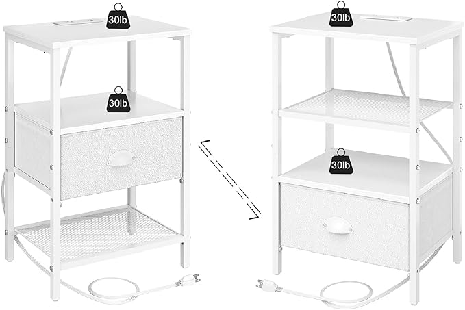 Nightstands Set of 2, Night Stands with Charging Station and Fabric Drawer PU Finish, Bedside Tables with Storage, 3 Tier Side Table with Open Shelf, Nightstands with Charging Station,White