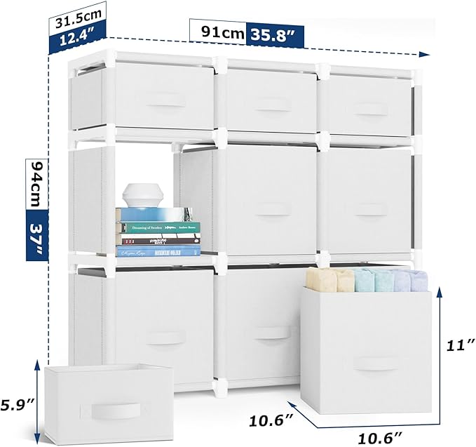 Mavivegue 9 Cube Storage Organizer, Closet Organizer With Drawers, Easy to Assemble DIY Shelf for Living Room, Bedroom, Dorm Room - White