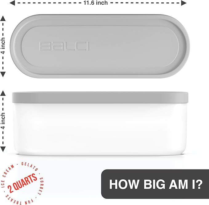 BALCI - Ice Cream Container - 2 Quart - Perfect Reusable Freezer Storage for Homemade Ice Cream Tubs for Sorbet, Frozen Yogurt and Gelato! - Flexible Silicone Lids, Long Scoop, Stackable - Grey