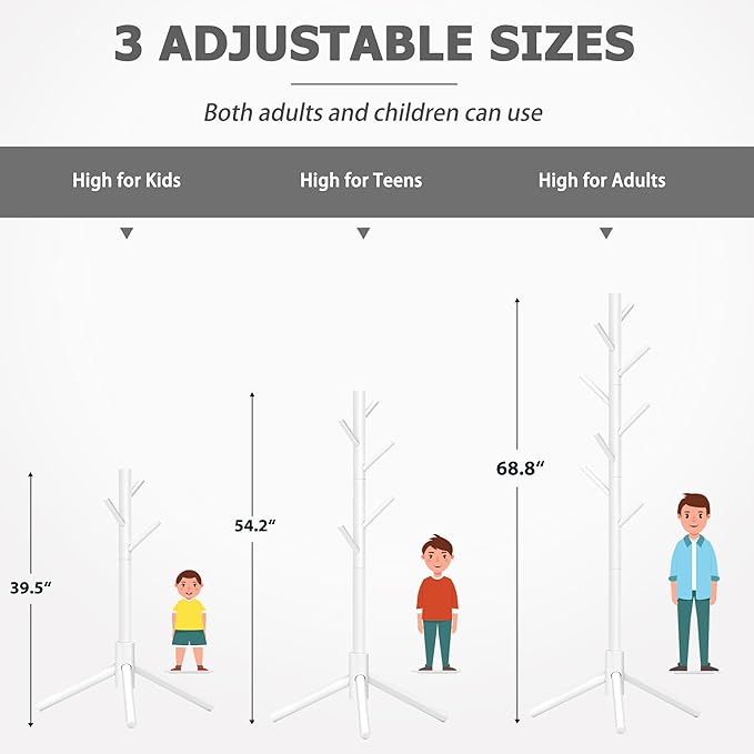 Wooden Coat Rack, Free Standing Coat Rack with 8 Hooks 3 Adjustable Heights for Clothes, Hats, Handbags, Coat Tree Easy Assembly for Entryway, Bedroom, Hallway, Office (New White)-NeatNest