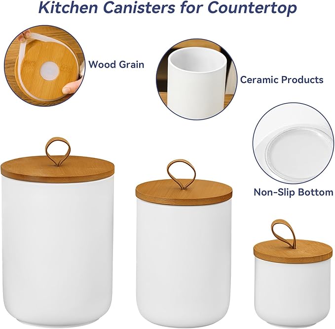 Ceramic Storage Jars, Modern Elegant Polished Airtight Gorgeous Storage Canisters with Wooden Lid Small Food Stroage Jar for Kitchen Spice Tea Vanilla Sugar Coffee Beans (3Pcs Suit White)-NeatNest