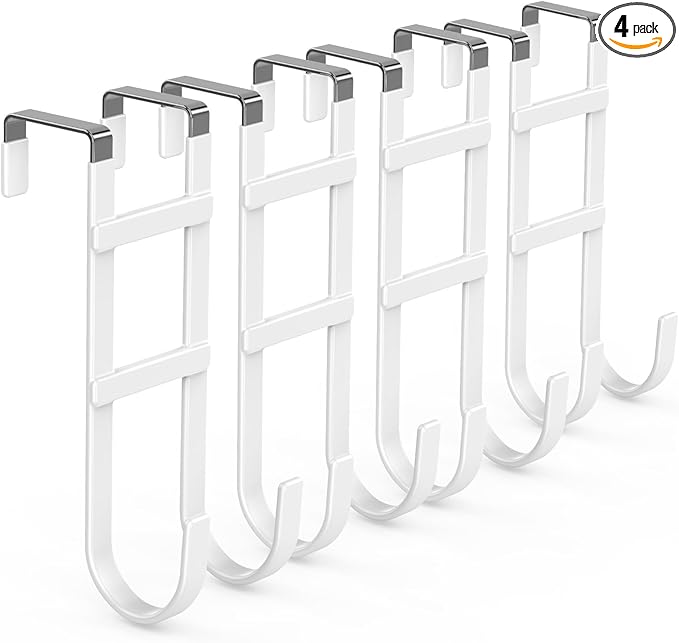FYY Over The Door Hooks - 4 Pack Heavy Duty Dual-Hook Organizer Hanger with Non-Slip Rubber for Towels, Clothes, Hats & Bags Use in Bathroom, Bedroom, Kitchen - Fits Interior Doors Up to 1.6" White-NeatNest