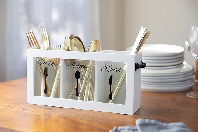 BLU MONACO White Wooden Cutlery & Utensil Caddy – Flatware Organizer Bin for Forks, Spoons, Knives – Perfect for Kitchen Countertop-NeatNest