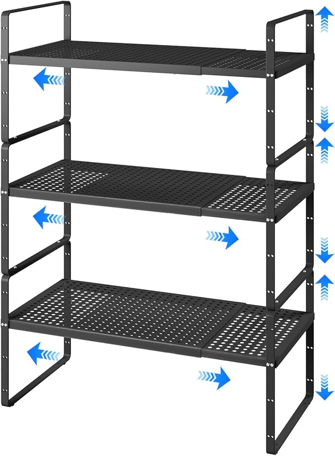 Expandable Cabinet Shelf Organizers, Kitchen Small Stand Rack Organization for Countertop Cupborad Pantry, Black 3 Pack-NeatNest