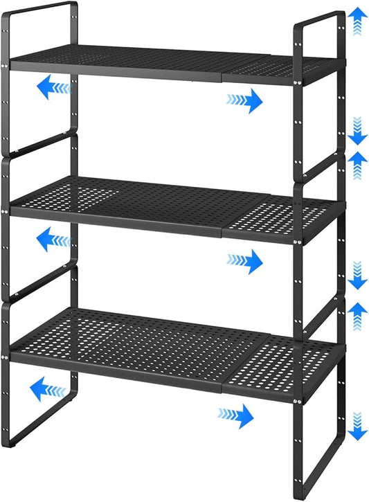 Expandable Cabinet Shelf Organizers, Kitchen Small Stand Rack Organization for Countertop Cupborad Pantry, Black 3 Pack-NeatNest