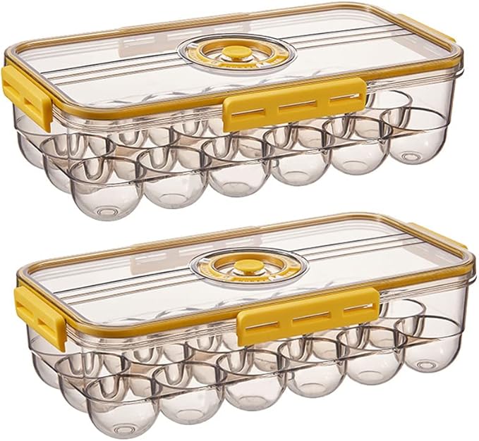 CottonColors Egg Holder for Fridge 18 Egg Container for Refrigerator Plastic Egg Organizer for Refrigerator Stackable Egg Storage With Lids for Timer(2 pack)-NeatNest