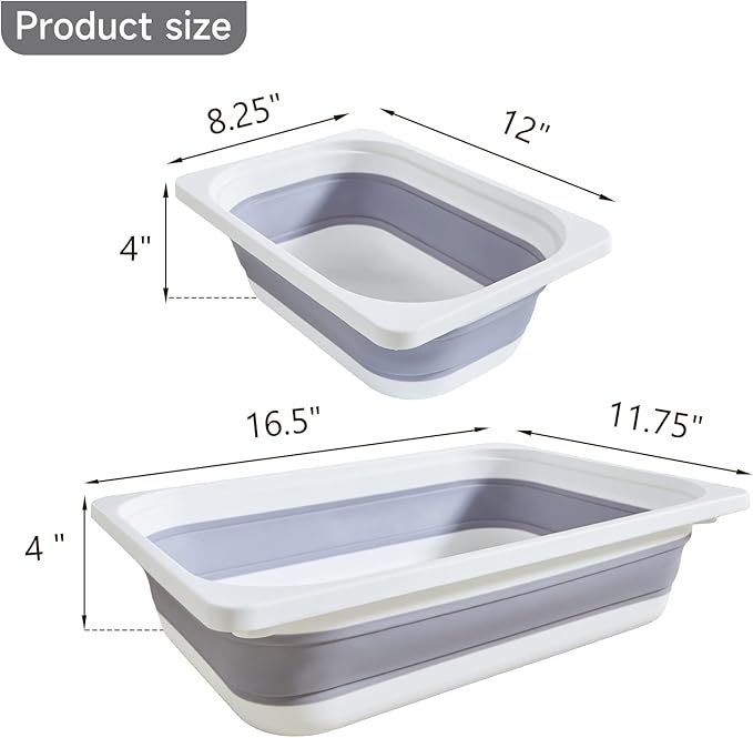 Beright 2 Pack Storage Bins, Collapsible Wash Basin Folding Dish Tub Sink, Space Saving for Dishing, Fruit, and Camping, Hiking and Home, Grey, 2 in 1 Set-NeatNest