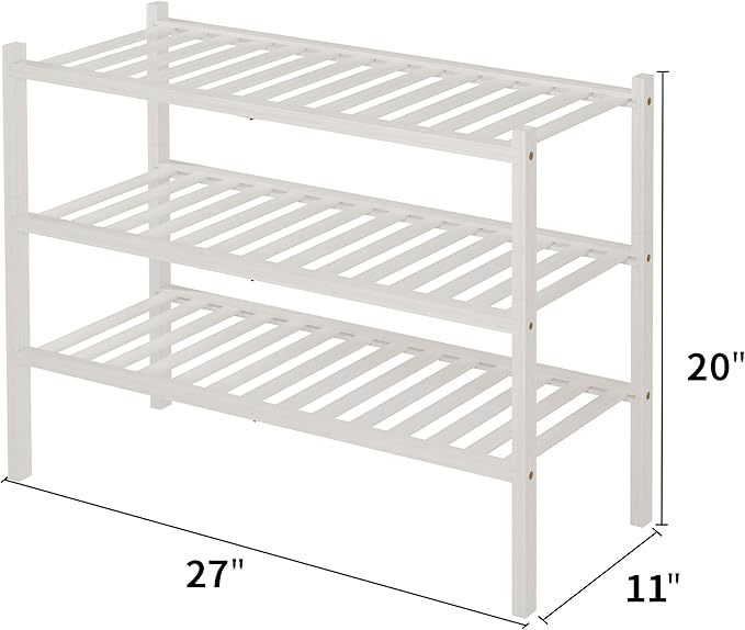 3 Tier Bamboo Shoe Rack for Closet Free Standing Wood Shoe Shelf Storage Organizer for Entryway Small Space Stackable 27"x11"x20" (White)-NeatNest