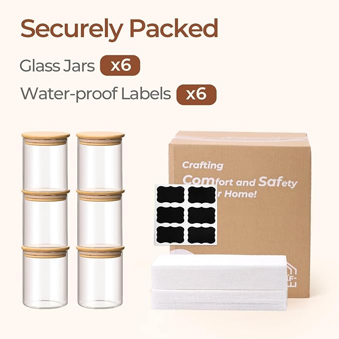 ComSaf 0.8 Qt Glass Food Storage Jars Set of 6, Clear Glass Storage Containers with Lids, Pantry Organization Jar, Spice Jar, Blooming Tea, Coffee and Sugar Container, Small Canister Set for Kitchen-NeatNest