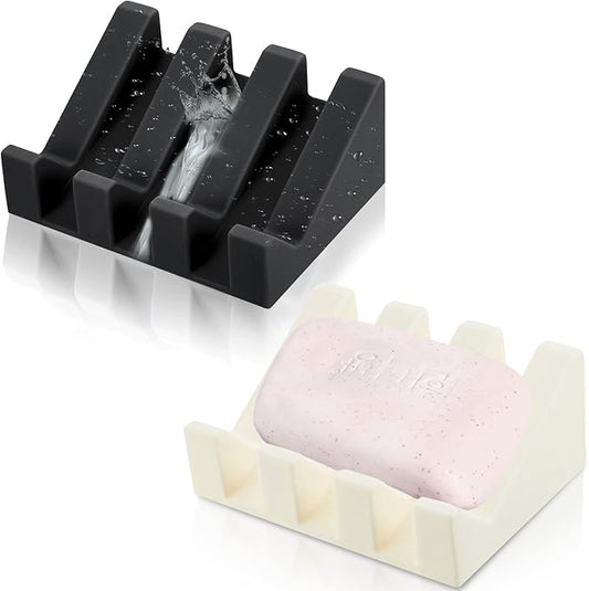 Cunhill 2 Pieces Silicone Soap Dish Self Draining Soap Dish Shower Waterfall Bar Soap Holder Tray with Drain Soap Saver for Kitchen Bathroom Accessories (Black,Cream White)-NeatNest