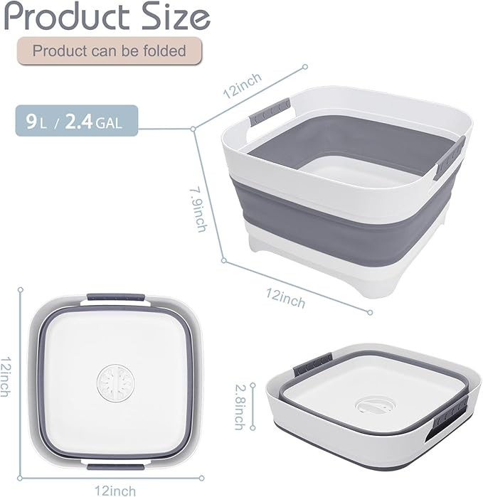 2.4 Gal Collapsible Wash Basin with Drain Plug, Space-Saving Portable Wash Tub, 9L Dish Pan for Soaking Baby Bottles and Pump Parts, Versatile Dish tub for Kitchen, RV, Outdoor Camping Sink (Gray)-NeatNest