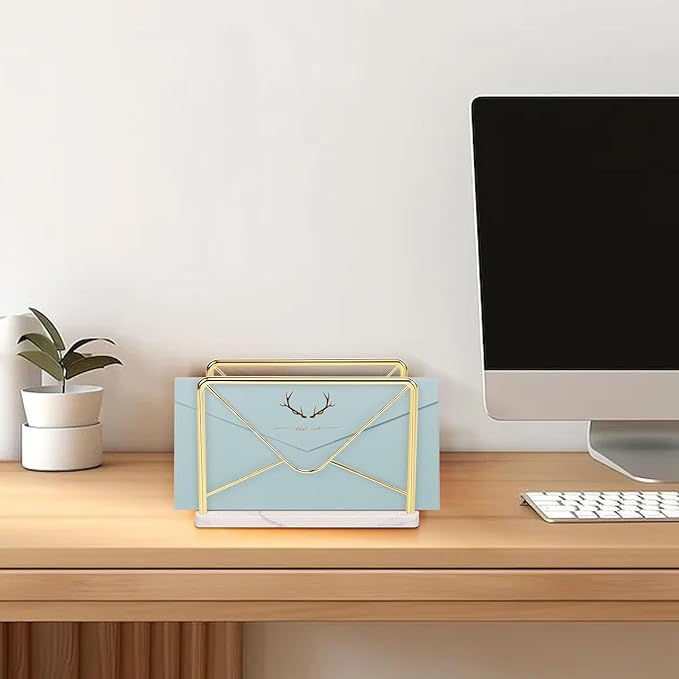 Modern Mail Holder for Home Office, Metal Letter Organizer Sorter for Desk, Cutout Mail Envelope Design, Bill Filling Paper Document Rack, Envelope Storage Rack with Marble Base
