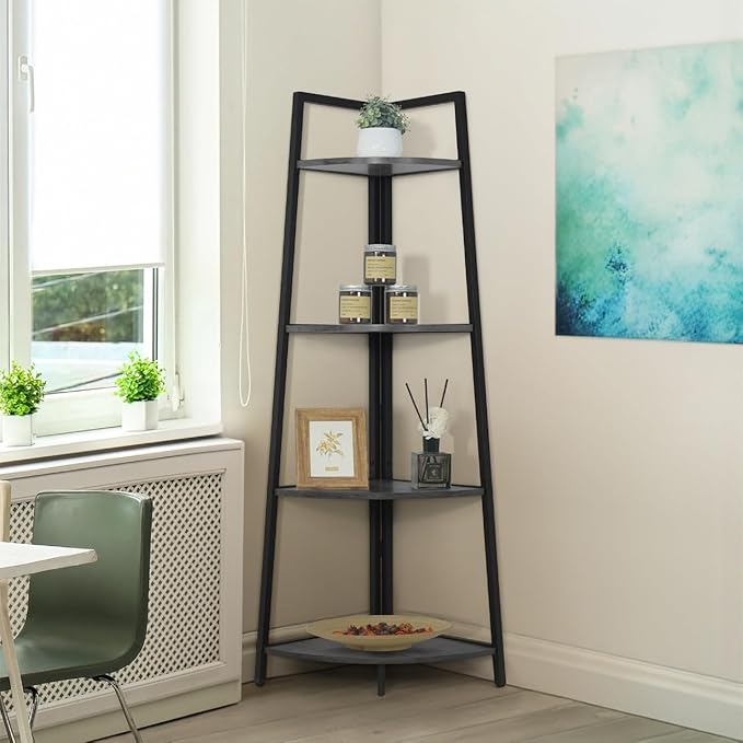 CAPHAUS Tall Corner Shelf Stand, 4-Tier Display Shelves, Ladder Corner Wood Storage Plant Bookshelf with Metal Frame, Versatile Shelving Unit Bookcase for Home Office Space, Dark Grey-NeatNest