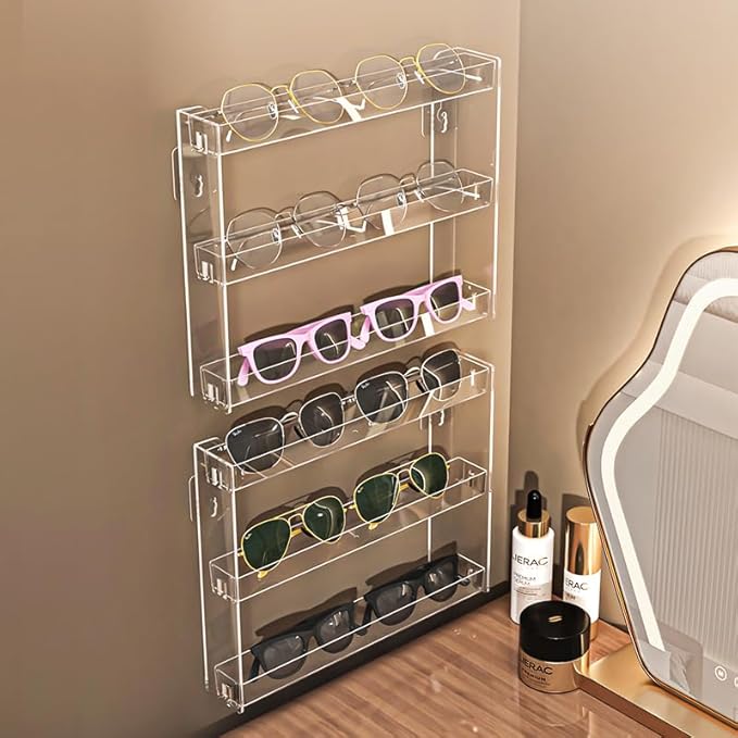 3 Layers Makeup Organizer Wall Mounted, Acrylic Invisible Floating Shelves with Anti-Slip Adhesive Backing, Sunglasses Display Rack, Nail Polish Storage, Clear (2 Pack)-NeatNest