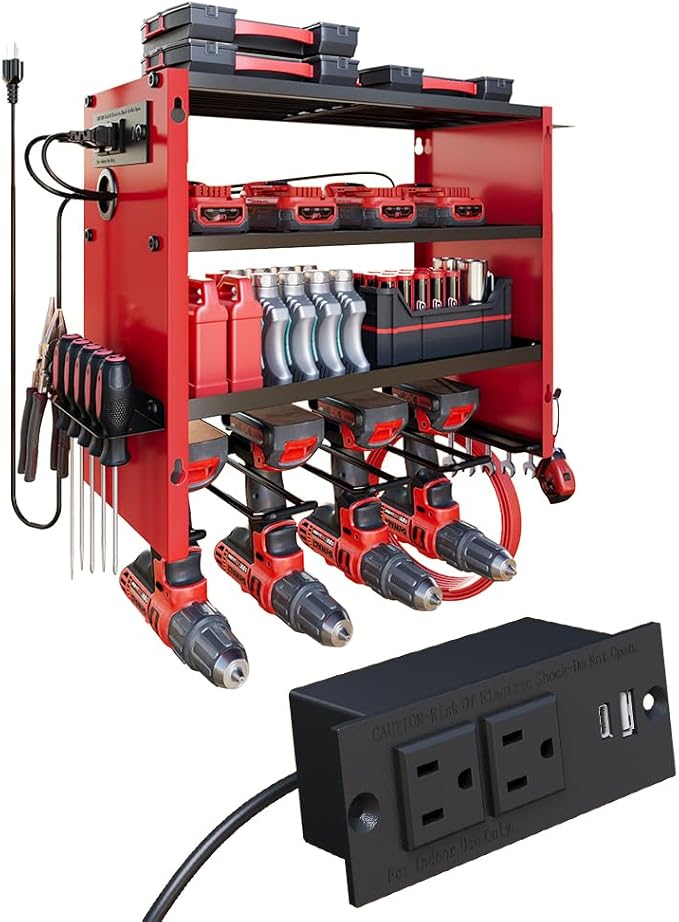 4 Layers Power Tool Organizer Wall Mount with Power Strip, Heavy Duty Metal Shelf, 400lbs Capacity for Cordless Drills, Batteries & Garage Storage (4 Slots with 2 Outlets Power Strip)