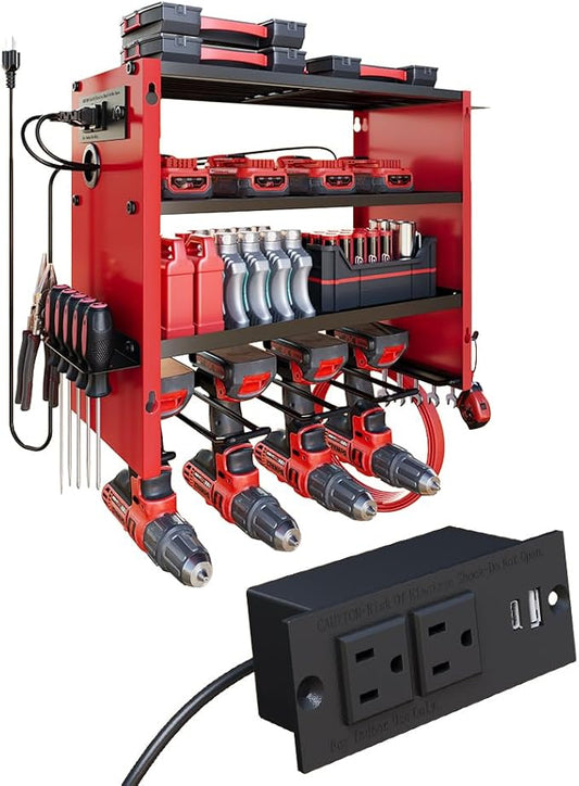 4 Layers Power Tool Organizer Wall Mount with Power Strip, Heavy Duty Metal Shelf, 400lbs Capacity for Cordless Drills, Batteries & Garage Storage (4 Slots with 2 Outlets Power Strip)