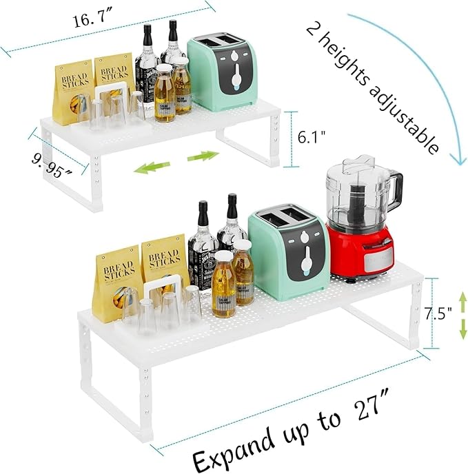 Expandable Cabinet Shelf Organizer Storage Spice Rack Shelves for Kitchen Stackable Adjustable Pantry Cupboard Bathroom Countertop Desktop(2Packs/White/Large-with Hole)-NeatNest