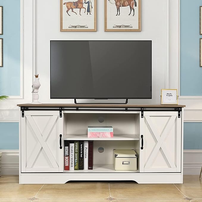 4 EVER WINNER White TV Stand for 65 inch TV for Living Room, Modern Farmhouse Barn Door TV Stand with Storage Cabinets and Adjustable Shelves for Bedroom, Media Entertainment Center TV Console Table-NeatNest