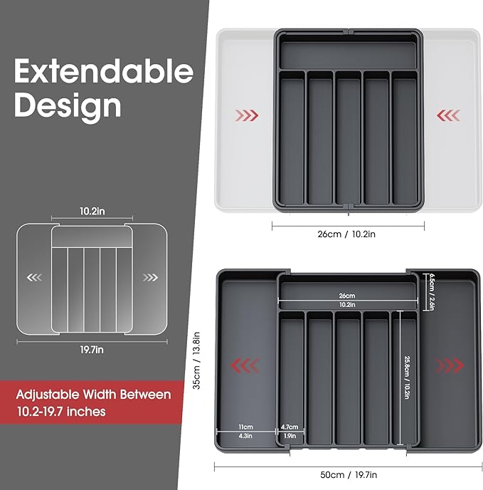 Aujen Silverware Organizer - Expandable Kitchen Drawer Organizer, Adjustable Utensil Organizer, Cutlery Tray for Forks, Knives, Multipurpose Kitchen Organizers and Storage Solution, Black, Large-NeatNest