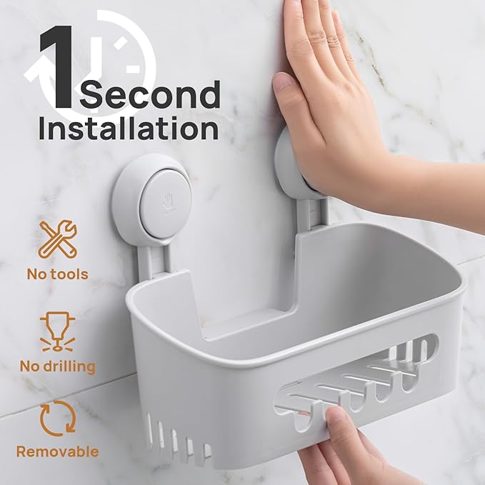 LEVERLOC Shower Caddy Suction Cup 2 Pack, Shower Organizer Removable Bathroom Shelf, Storage Suction Powerful Max Hold 22lbs Bathroom Caddy Waterproof Holder, Gray-NeatNest