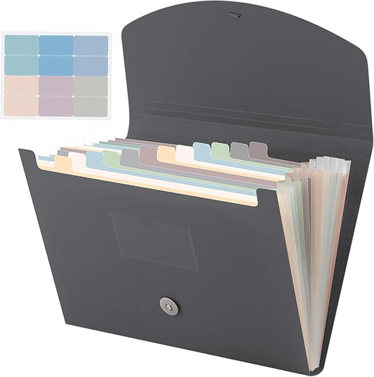 Cholemy Expanding File Folder 13 Pockets File Organizer with Labels A4 Letter Size Receipt Document Organizer Plastic Expandable Filing Folders for Office, Home(Gray)