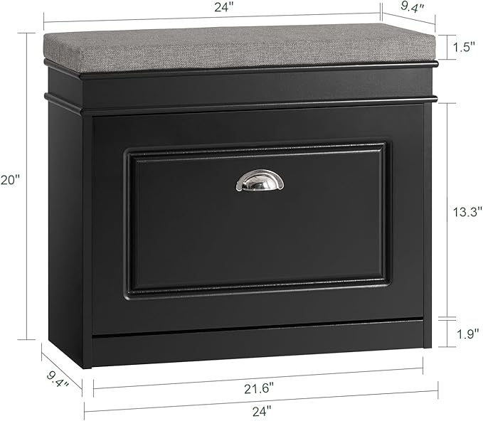 Haotian Black Hallway Shoe Bench, Narrow Shoe Rack Entryway, Small Shoe Cabinet with Flip-Drawer and Seat Cushion, FSR82-K-SCH-NeatNest