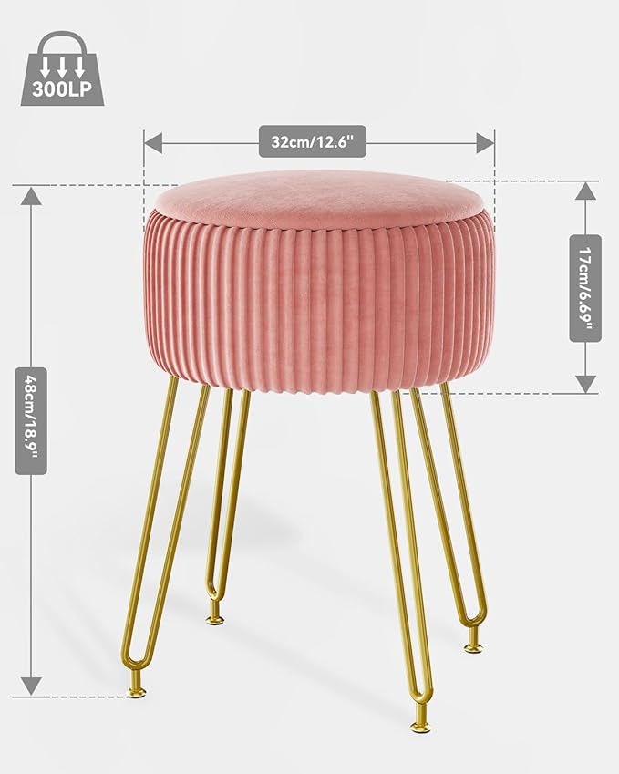 IBUYKE Velvet Storage Footrest Stool Ottoman, Makeup Vanity Stool Side Table with Golden Steel Legs Removable Cover, Coffee Table Top Cover, Pink LG-20P