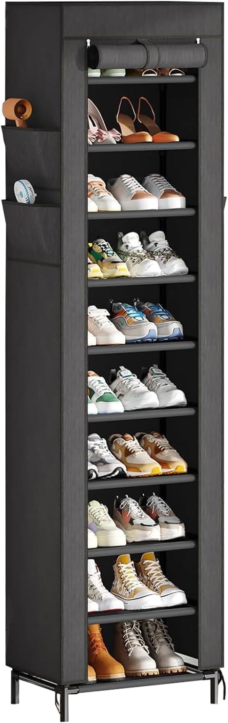 Simple Trending Narrow Shoe Rack with Cover, 10 Tier Shoe Organizer Storage, Tall Free Standing Shoe Cabinet Holds 20 Pairs for Closet, Black-NeatNest
