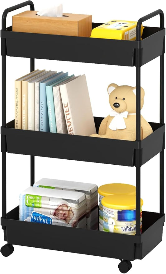 3-Tier Storage Cart，Shelf Organizer Mobile Shelving ，Utility Rolling Cart，Multifunction Movable Storage Organizer with Lockable Wheels,Black-NeatNest
