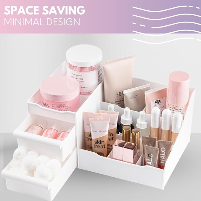 Mantello Makeup Organizer for Vanity - White Cosmetics Organizer with Multiple Compartments for Makeup and Toiletries-NeatNest