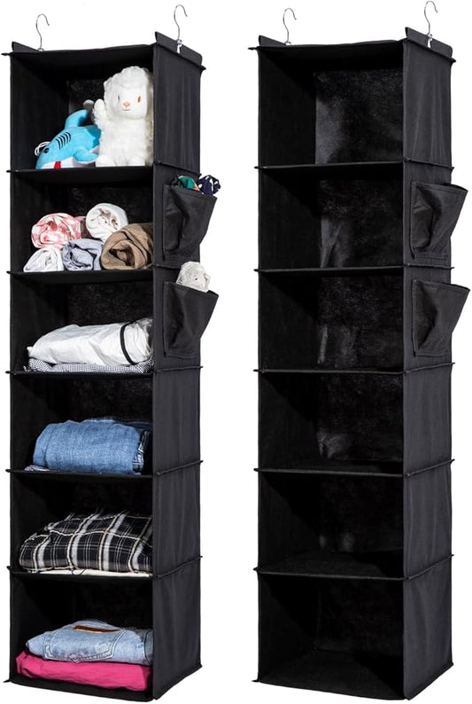 2 Packs Hanging Closet Organizer, 6-Shelf Closet Organizers and Storage with Side Pockets, Collapsible Hanging Shelves for Closet & RV & College Dorm,Black-NeatNest