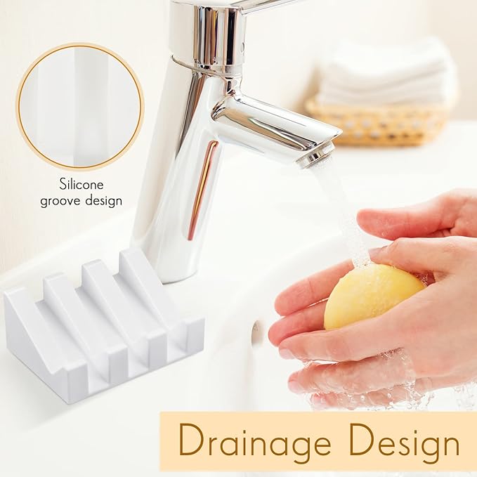 Cunhill 2 Pieces Silicone Soap Dish Self Draining Soap Dish Shower Waterfall Bar Soap Holder Tray with Drain Soap Saver for Kitchen Bathroom Accessories (Bright White)-NeatNest