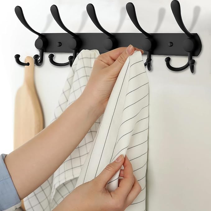 2 Pack 5 Tri-Hooks Coat Rack Wall Mounted - Thickened 304 Stainless Steel Coat Hooks, 16 Inches Heavy Duty Coat Rack Wall Mount, Anti-Sliding Towel Hooks, Holding up to 44 lbs, Matte Black