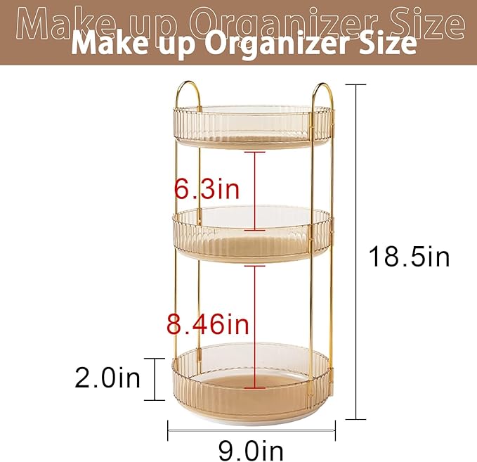 Rotating Makeup Organizer for Vanity, High-Capacity Skincare Clear Make Up Storage Perfume Organizers Cosmetic Dresser Organizer Countertop 360 Spinning (Gold, 3 Tier)-NeatNest