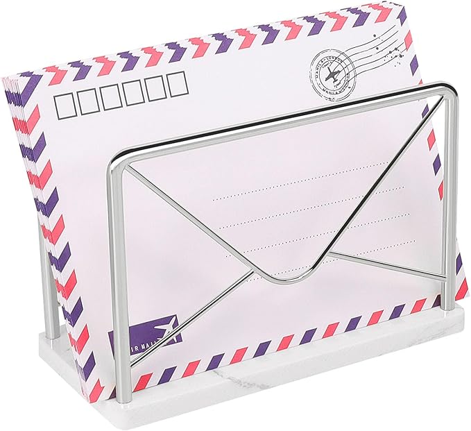 Modern Mail Holder for Home Office, Metal Letter Organizer Sorter for Desk, Cutout Mail Envelope Design, Bill Filling Paper Document Rack, Envelope Storage Rack with Marble Base