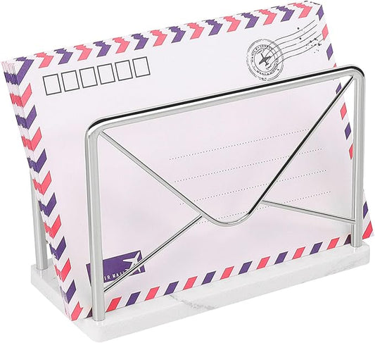 Modern Mail Holder for Home Office, Metal Letter Organizer Sorter for Desk, Cutout Mail Envelope Design, Bill Filling Paper Document Rack, Envelope Storage Rack with Marble Base