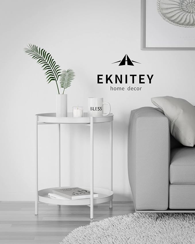 EKNITEY 2 Tier End Table - Metal Side Table Waterproof Small Sofa Coffee Side Tables Bedroom Indoor Outdoor with Removable Tray for Living Room Bedroom Balcony and Office (White)-NeatNest