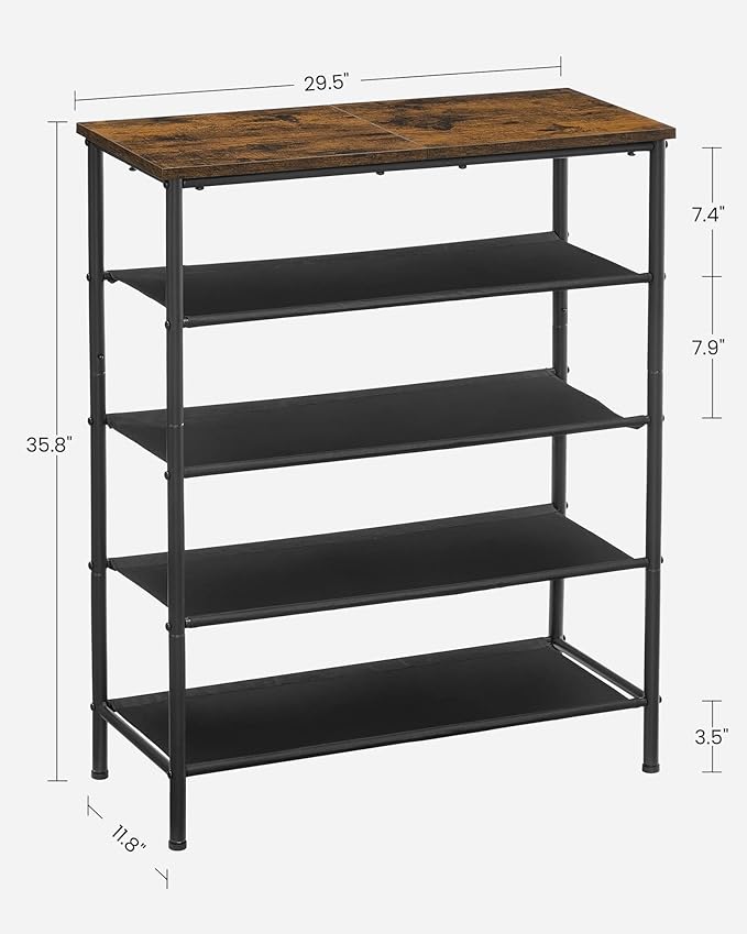 VASAGLE Shoe Rack, 5-Tier Shoe Storage Organizer for Entryway and Closet, Holds 12-16 Pairs of Shoes, 4 Fabric Shelves, Steel Frame, Industrial, Rustic Brown and Black ULBS036B01-NeatNest