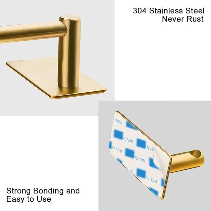 NearMoon Self Adhesive Bathroom Towel Bar- Stainless Steel Bath Wall Shelf Rack Hanging Towel Stick On Sticky Hanger Contemporary Style, NO Drilling (1 Pack, Brushed Gold, 12-Inch Towel Rack)