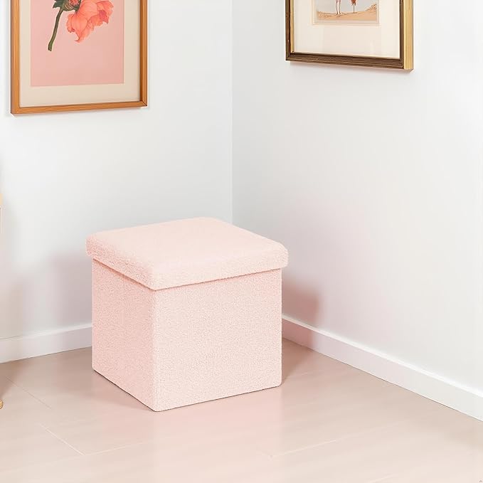 Folding Storage Ottoman Cube - Small Footrest with Sherpa Top, Multi-Functional Storage for Bedroom, Living Room-Pink