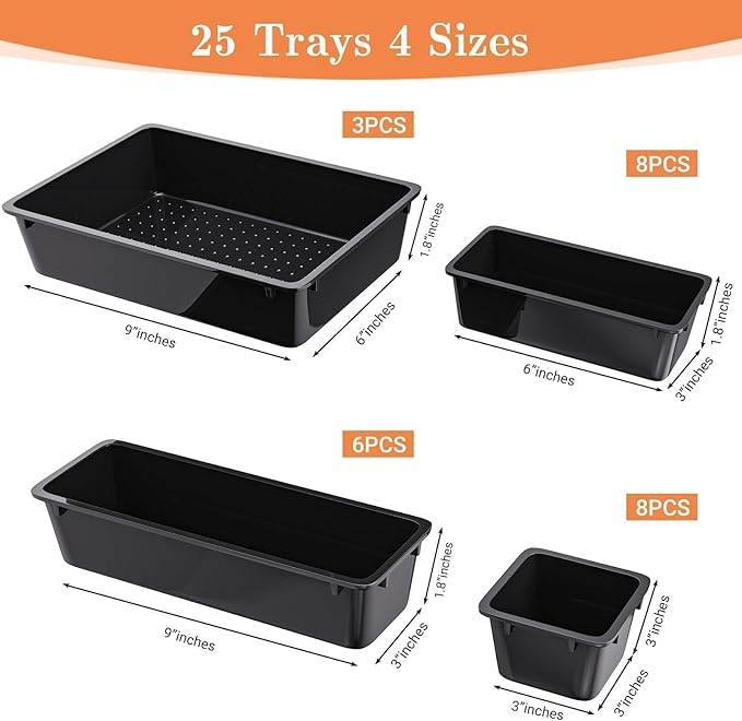 25 PCS Plastic Drawer Organizer Set, 4-Size Versatile Organizer Trays & storage Bins for Makeup, Jewelry, and Gadgets in Bathroom, Bedroom and Office, Black-NeatNest