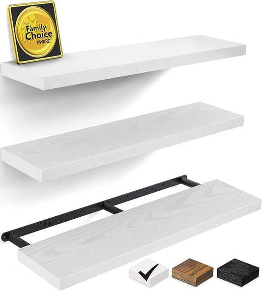 BAYKA Floating Shelves for Wall, 36 inches Wall Mounted Rustic Wood Shelves for Bathroom, Bedroom, Living Room, for Storage/Decor with 30lbs Capacity（White,Set of 3-NeatNest