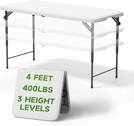 Folding Table 4 Foot - 3-Position Adjustable Height, Heavy Duty 400 lbs Capacity - Portable Tables Folding for Camping, Party, Indoor & Outdoor Use, 1 Pack-NeatNest
