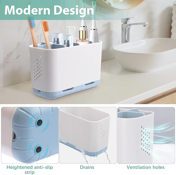 Boperzi Electric Toothbrush Holder for Bathroom Organizer Countertop, Detachable Anti-Slip Blue Toothpaste Storage Caddy 6 Slots White with Drainage Holes for Makeup Brush Razor Stand-NeatNest